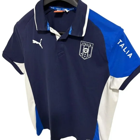 Puma Italia FIGC Polo Size XL Classic Fit Soccer Shirt Short Sleeve Blue Logos - Picture 2 of 6